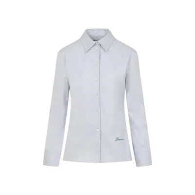Jacquemus Womens Light Grey La Chemise Cuadro Script-embroidery Asymmetric Cotton Shirt In Blue
