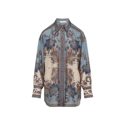 Zimmermann Womens Blue Cream Indienne Ascension Manstyle Graphic-pattern Silk Shirt