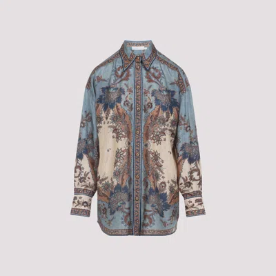 Zimmermann Womens Blue Cream Indienne Ascension Manstyle Graphic-pattern Silk Shirt