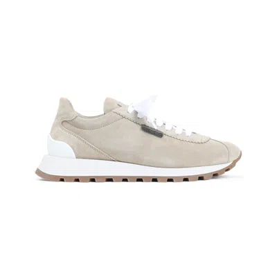 Brunello Cucinelli Suede Sneakers With Contrasting Rubber Sole In Neutral