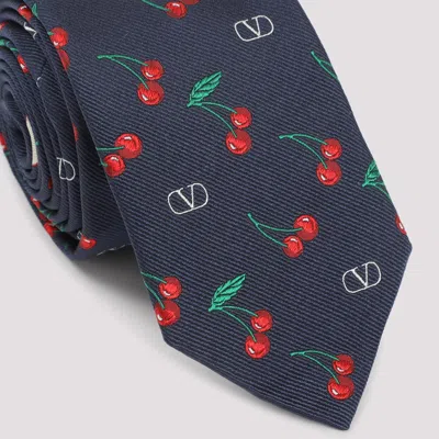 Valentino Adjustable Cherry Pattern Silk Tie In Blue