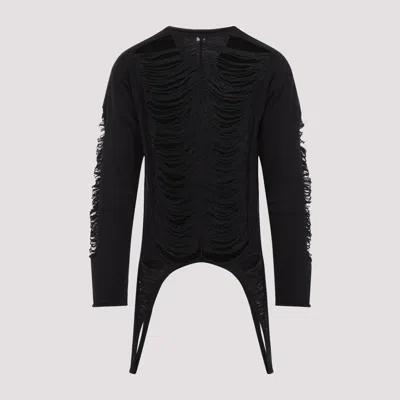 Rick Owens Black Virgin Wool Long-sleeve Top With Asymmetric Hem In Black