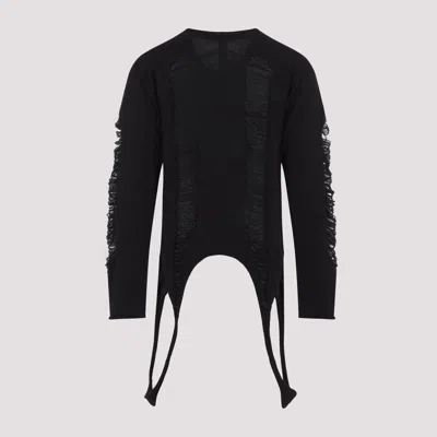 Rick Owens Black Virgin Wool Long-sleeve Top With Asymmetric Hem In Black