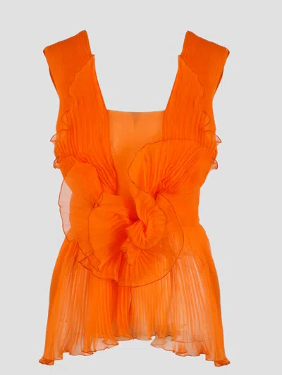 Alberta Ferretti Pleated Silk Top In Orange