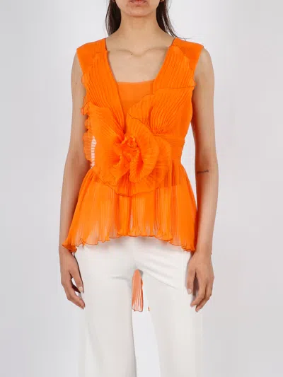 Alberta Ferretti Pleated Silk Top In Orange