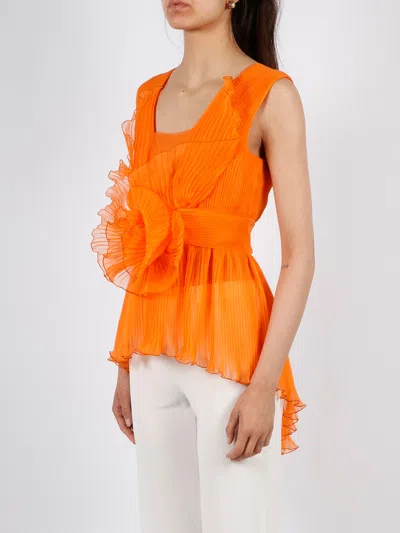 Alberta Ferretti Pleated Silk Top In Orange