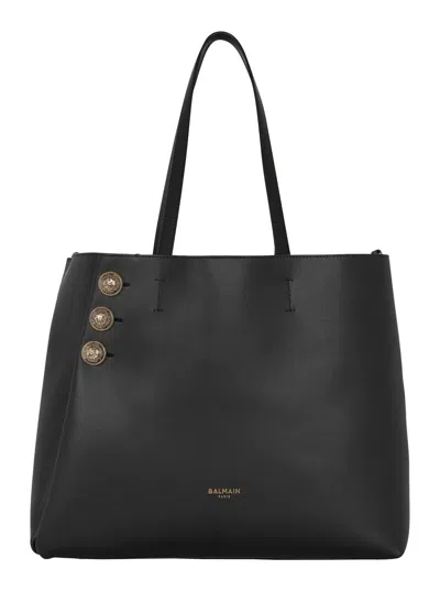 Balmain Embleme Black Tote Bag With Embossed Logo Lettering On The Front And Jewel Buttons On The Front In L