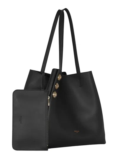 Balmain Embleme Black Tote Bag With Embossed Logo Lettering On The Front And Jewel Buttons On The Front In L