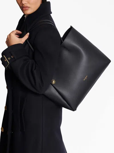 Balmain Embleme Black Tote Bag With Embossed Logo Lettering On The Front And Jewel Buttons On The Front In L