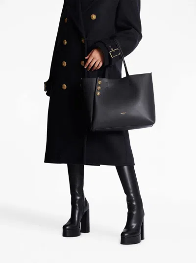 Balmain Embleme Black Tote Bag With Embossed Logo Lettering On The Front And Jewel Buttons On The Front In L