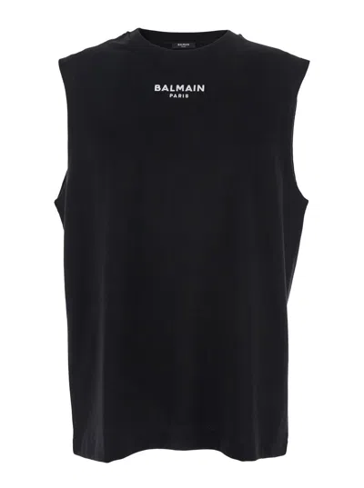 Balmain Black Crewneck Sleeveless Top With Logo Lettering Embroidery On The Front In Cotton Man In Black