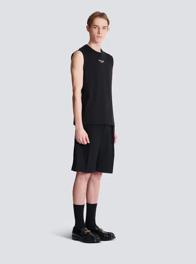 Balmain Black Crewneck Sleeveless Top With Logo Lettering Embroidery On The Front In Cotton Man In Black