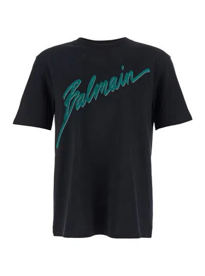 Balmain Black Crewneck T-shirt With Logo Lettering Print On The Front In Cotton Man In Black