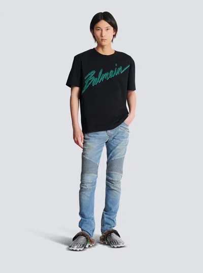 Balmain Black Crewneck T-shirt With Logo Lettering Print On The Front In Cotton Man In Black