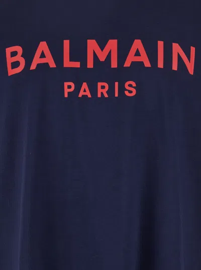 Balmain Blue Crewneck T-shirt With Logo Lettering Print On The Front In Blue