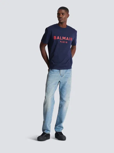 Balmain Blue Crewneck T-shirt With Logo Lettering Print On The Front In Blue