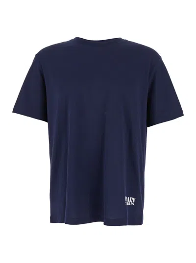Balmain Blue Crewneck T-shirt With Logo Lettering Print On The Front
