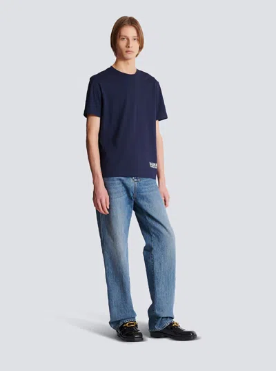 Balmain Blue Crewneck T-shirt With Logo Lettering Print On The Front