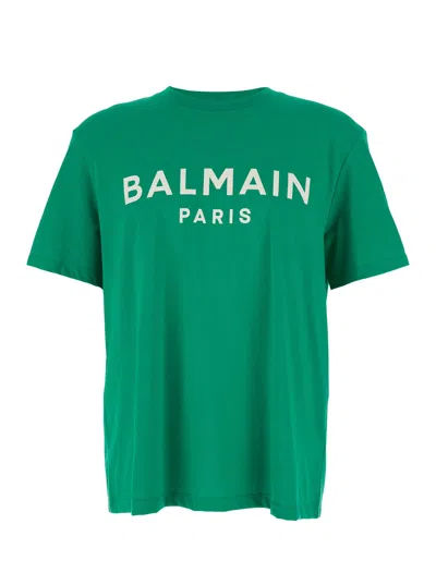 Balmain Green Crewneck T-shirt With Logo Lettering Print On The Front In Cotton Man