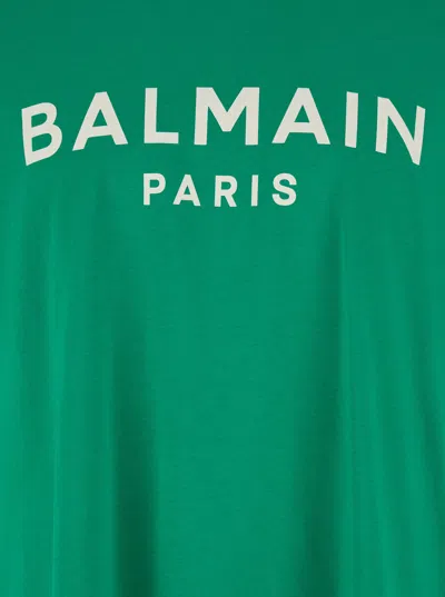 Balmain Green Crewneck T-shirt With Logo Lettering Print On The Front In Cotton Man