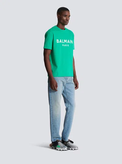 Balmain Green Crewneck T-shirt With Logo Lettering Print On The Front In Cotton Man
