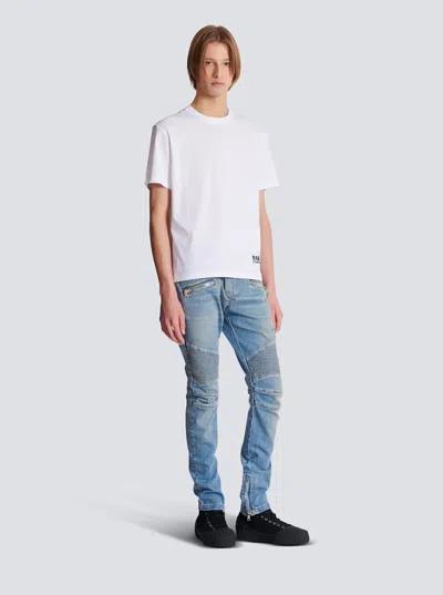 Balmain White Crewneck T-shirt With Logo Lettering Print On The Front In Cotton Man In White