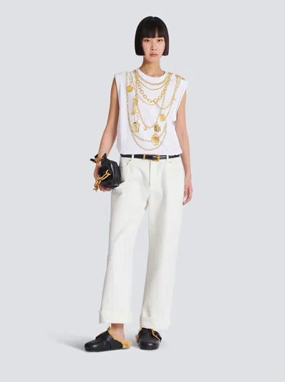 Balmain White Sleeveless Top With Maxi Necklace Print On Front And Rear In Cotton Woman In White