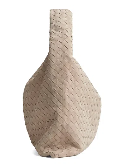 Bottega Veneta 'hop' Beige Large Shoulder Bag With Intrecciato Motif And Magnetic Closure In Suede W