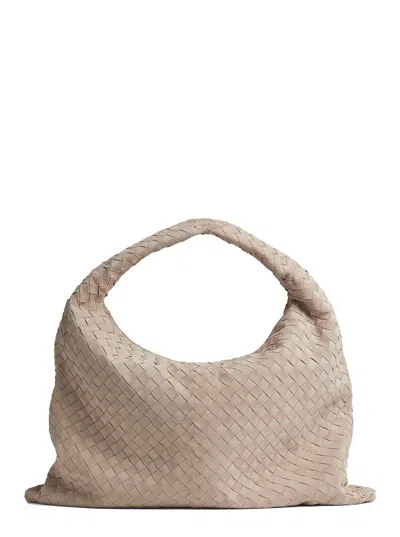 Bottega Veneta 'hop' Beige Large Shoulder Bag With Intrecciato Motif And Magnetic Closure In Suede W