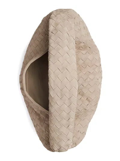 Bottega Veneta 'hop' Beige Large Shoulder Bag With Intrecciato Motif And Magnetic Closure In Suede W