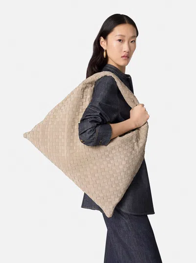 Bottega Veneta 'hop' Beige Large Shoulder Bag With Intrecciato Motif And Magnetic Closure In Suede W