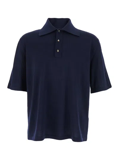 Bottega Veneta Blue Polo With Classic Collar And Embroidered Logo On The Front In Tone On Tone Cotto