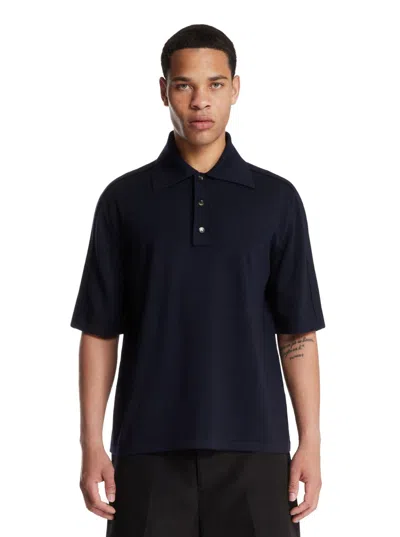Bottega Veneta Blue Polo With Classic Collar And Embroidered Logo On The Front In Tone On Tone Cotto