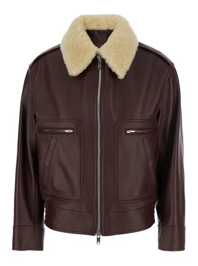 Bottega Veneta Brown Shearling Coat With Removable Fur Collar And Front Zip Closure In Leather Woman In Burgundy