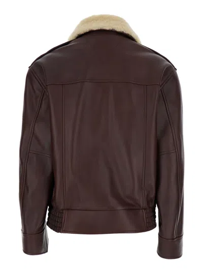 Bottega Veneta Brown Shearling Coat With Removable Fur Collar And Front Zip Closure In Leather Woman In Burgundy
