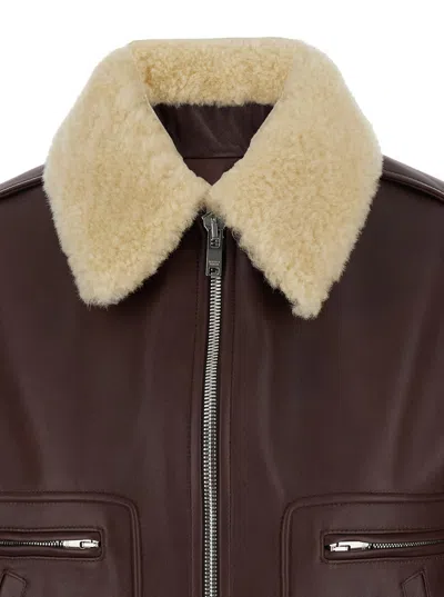 Bottega Veneta Brown Shearling Coat With Removable Fur Collar And Front Zip Closure In Leather Woman In Burgundy