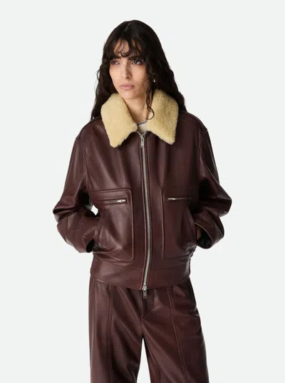 Bottega Veneta Brown Shearling Coat With Removable Fur Collar And Front Zip Closure In Leather Woman In Burgundy