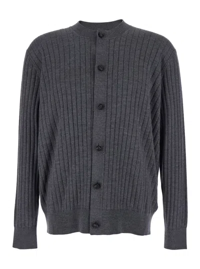 Bottega Veneta Grey Crewneck Cardigan With Front Button Closure And Ribbed Knit In Wool Man In Gray