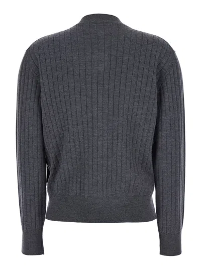 Bottega Veneta Grey Crewneck Cardigan With Knot Buttons Closure And Ribbed Knit In Wool Woman In Gray