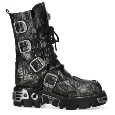 New Rock M-591-c63 Mid-calf High Black Steel Leather Metallic Gothic Boots