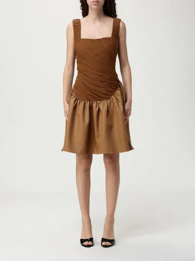 Abadia Ruched Detail Brown Ochre Kaya Mini Dress In Brown