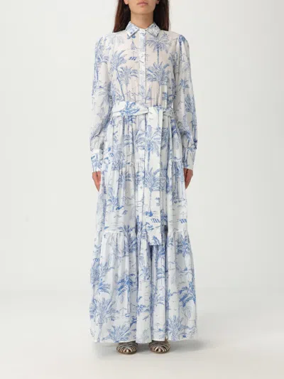 Mc2 Saint Barth Tropical Print Maxi Dress With Front Button Fastening And Belted Waist In White