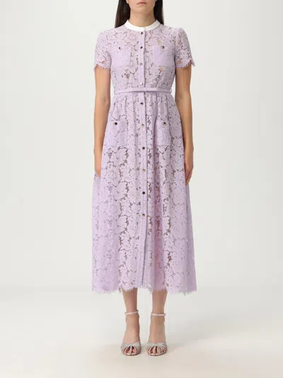 Self-portrait Lace Buttoned Cotton Blend Midi Dress In Purple