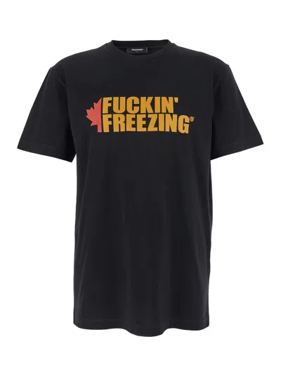 Dsquared2 Black Crewneck T-shirt With Print On The Front And Logo Lettering On The Rear In Black