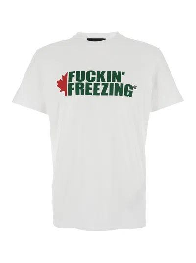 Dsquared2 White Crewneck T-shirt With Print On The Front And Logo Lettering On The Rear In White