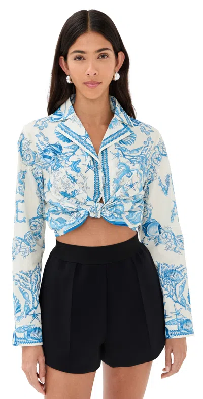 Versace Underwater Barocco Foulard Cotton Poplin Crop Shirt In Blue