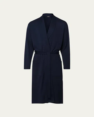 Hanro Night And Day Shawl Collar Cotton Robe 120cm In Deep Navy
