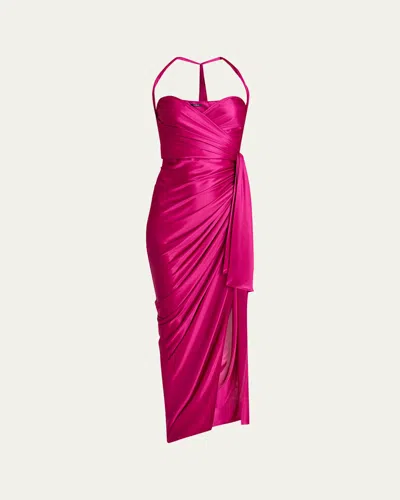Balmain Long Satin Draped Halter Neck Dress In Pink