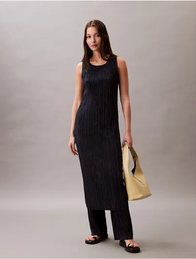 Calvin Klein Pleated Sleeveless Midi Dress In Blue