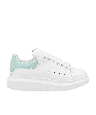 Alexander Mcqueen White Leather Sneakers With Sea Green Leather Heel In Animal Print